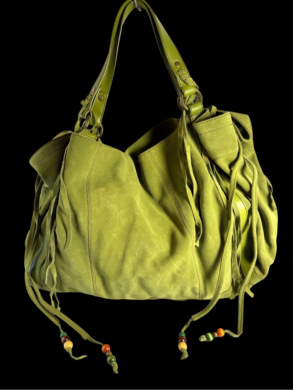 ABS Allen Schwartz Olive Green Suede Fringe Shoulder Bag